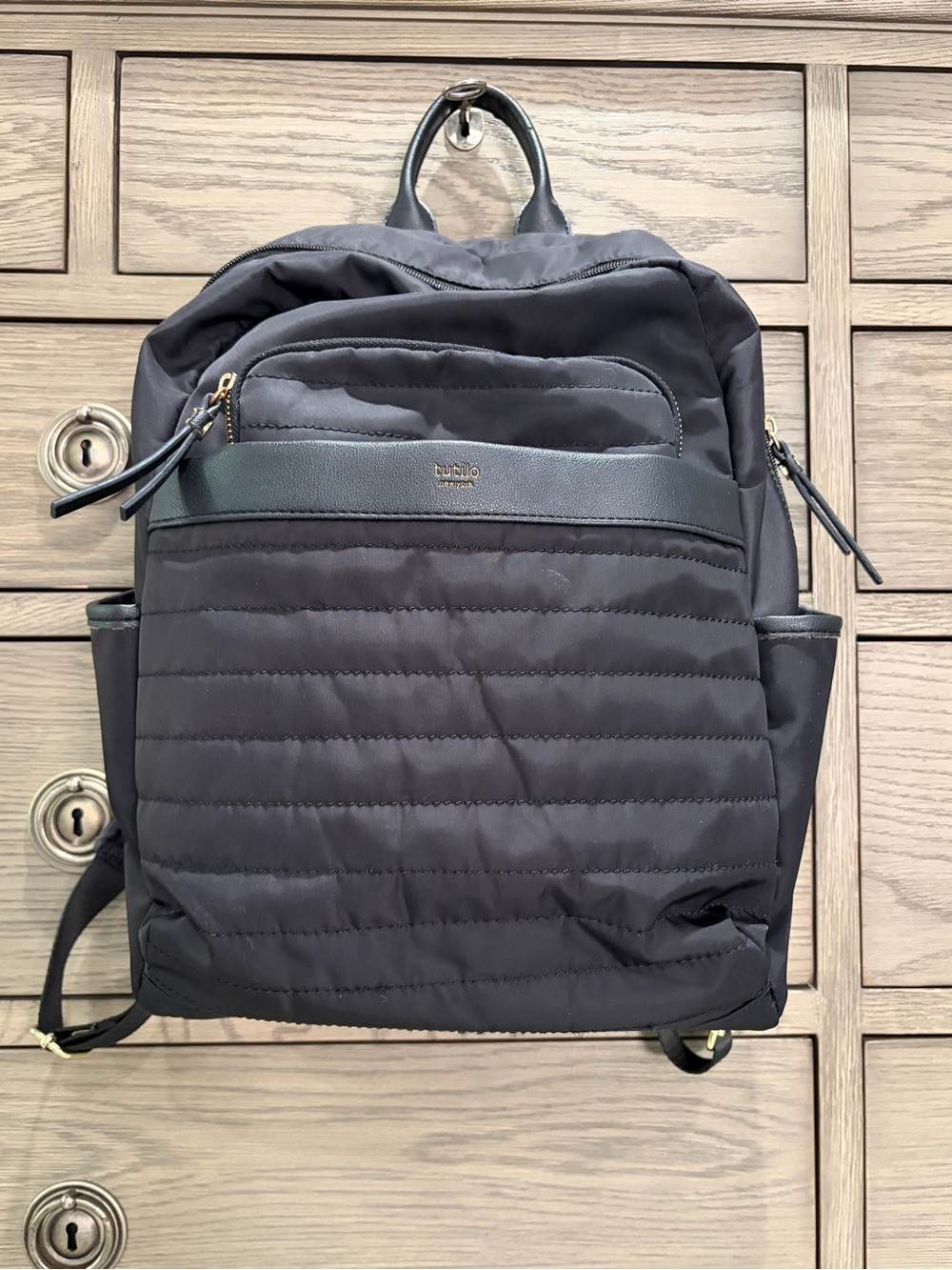 $200 Tutilo New York Black Quilted Backpack w/Sleek Carry, Multiple Pockets